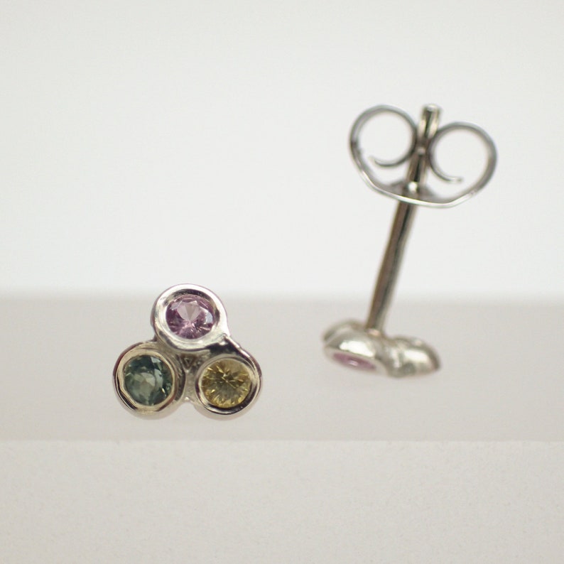 Solid White Gold Pastel Sapphire Alexandrite Stud Earrings Tri Shape image 3