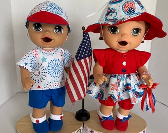 Baby Alive 12 Inch Boy And Girl Twin Dolls Patriotic Tops, Shorts, Shoes/Booties and Hats Sets