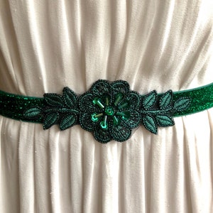 Emerald Green Sparkly Elastic Bridal Belt with Applique image 1