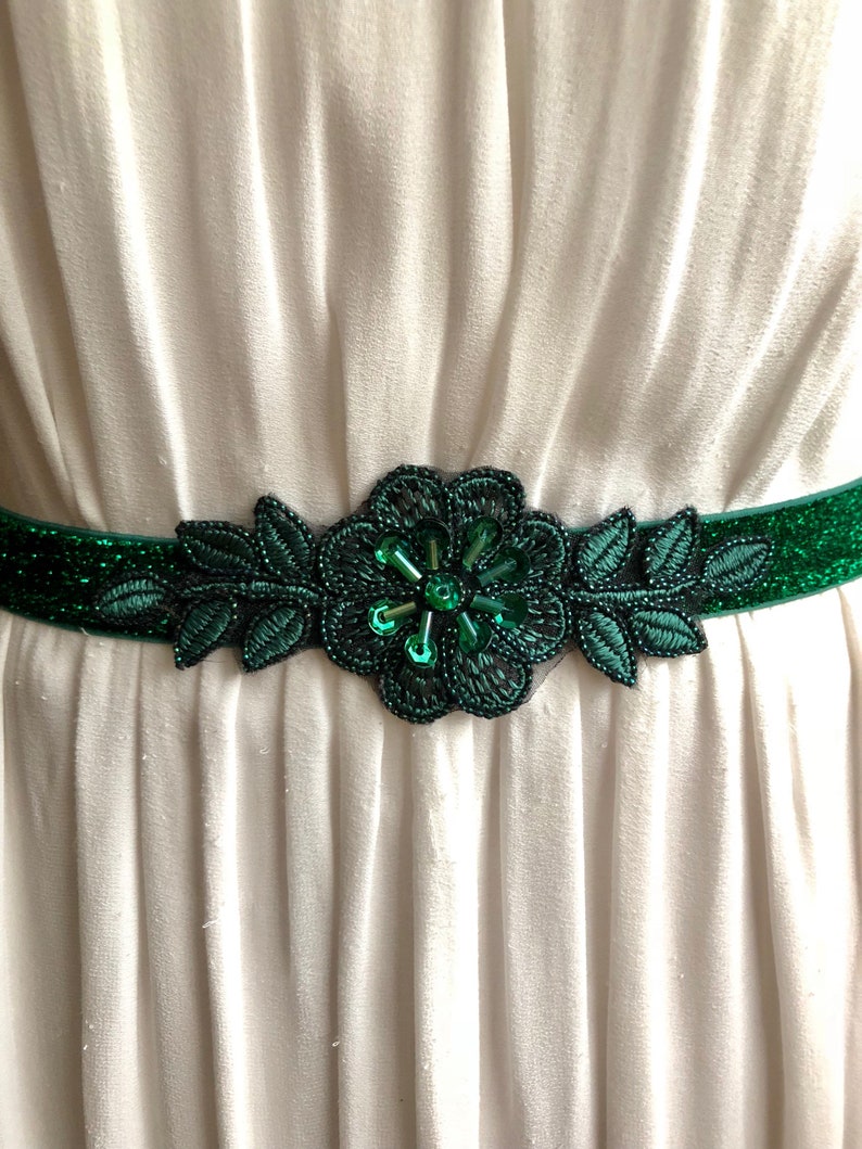 Emerald Green Sparkly Elastic Bridal Belt with Applique image 1