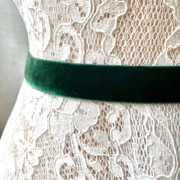 Wide Dark Hunter Green Velvet Elastic Bridal Belt with Clasp - Stretch 7/8"