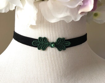 The Zarah Choker- Forest Green Leaf Cluster Choker, Embroidery Clasp Choker, Emerald Choker, velvet choker