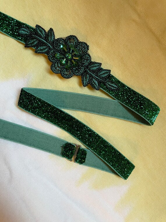 Emerald Green Sparkly Elastic Bridal Belt with Applique Emerald Green Sparkly Elastic Bridal Belt with Applique