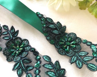 Emerald Green Lace Bridal Sash with Beads