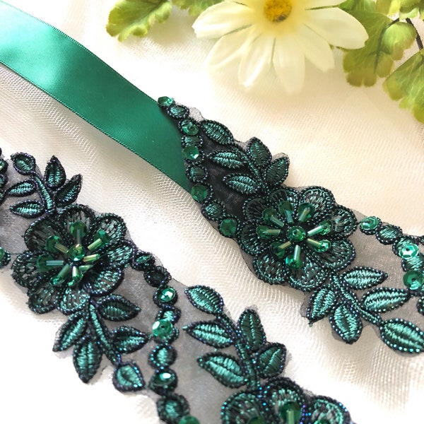 Emerald Green Lace Bridal Sash with Beads