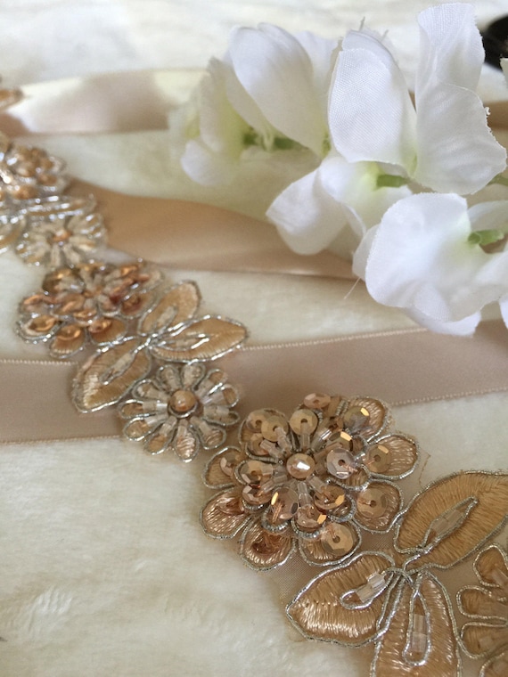 Champagne Gold Lace Beaded Bridal or Bridesmaid Sash