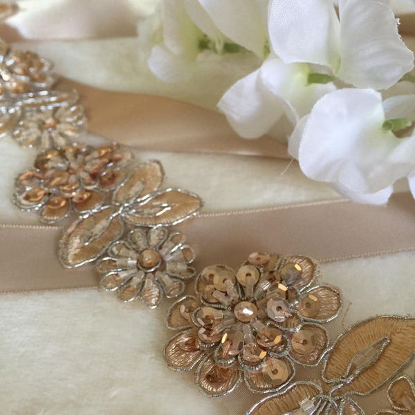 Champagne Gold Lace Beaded Bridal or Bridesmaid Sash