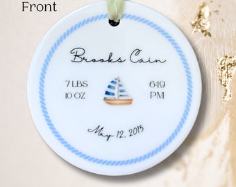 Blue Sail Boat Custom Ornament, Personalized ornament, Baby Birth, Baby Boy, Birthday, Keepsake