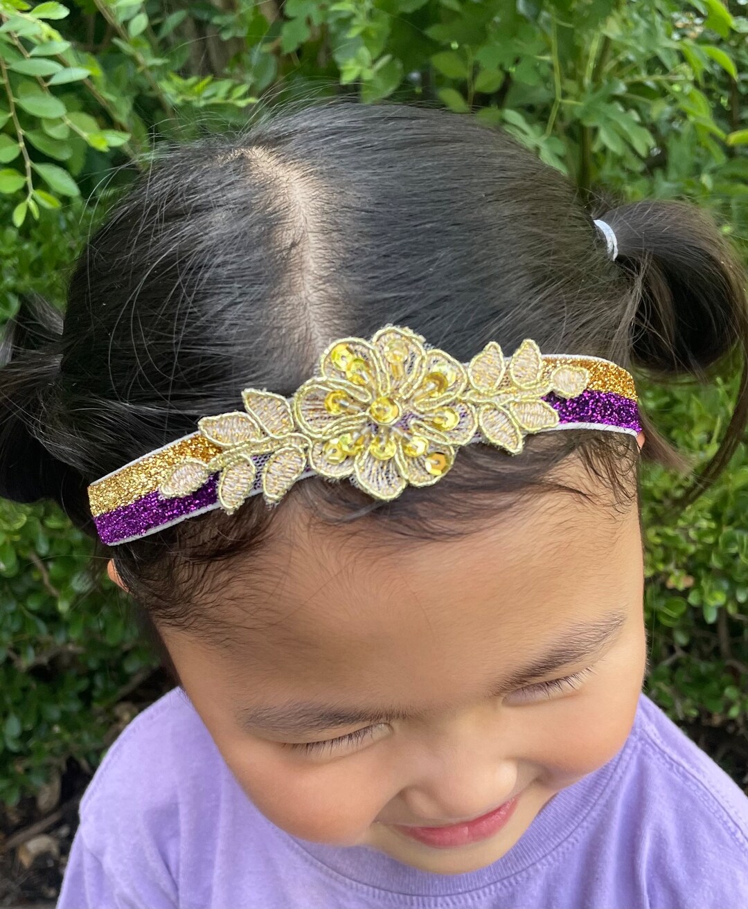 Purple and Gold Beaded Lace Flower Headband - Etsy display picture 1