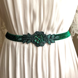 Emerald Green Sparkly Elastic Bridal Belt with Applique image 2