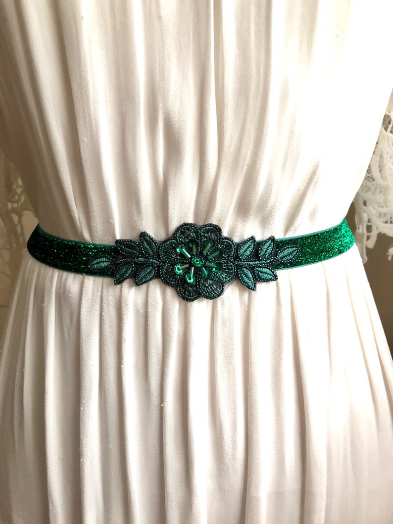 Emerald Green Sparkly Elastic Bridal Belt with Applique image 2