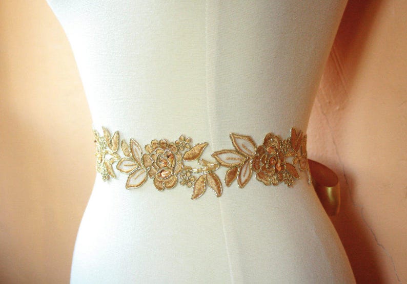 Gold Lace Flower Bridal Sash image 1