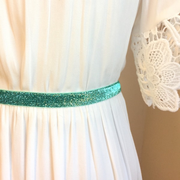 Metallic Aqua Sparkly Elastic Bridal Belt - 5/8"