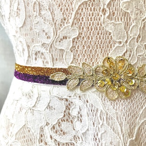 Purple and Gold Sparkly Elastic Bridal Belt with Applique