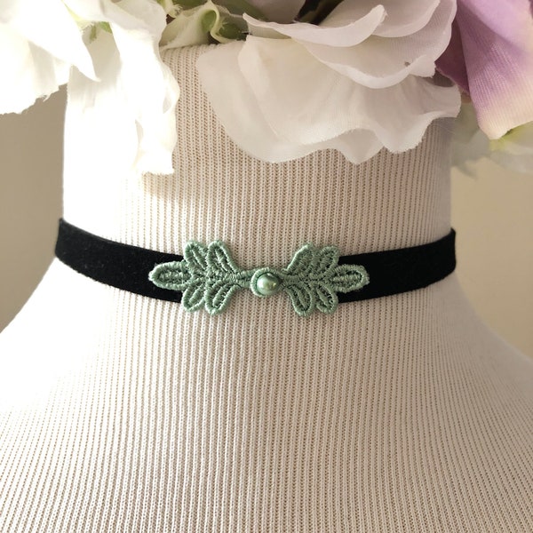 The Zarah Choker- Sage Leaf Cluster Choker, Embroidery Clasp Choker, Green Choker, velvet choker