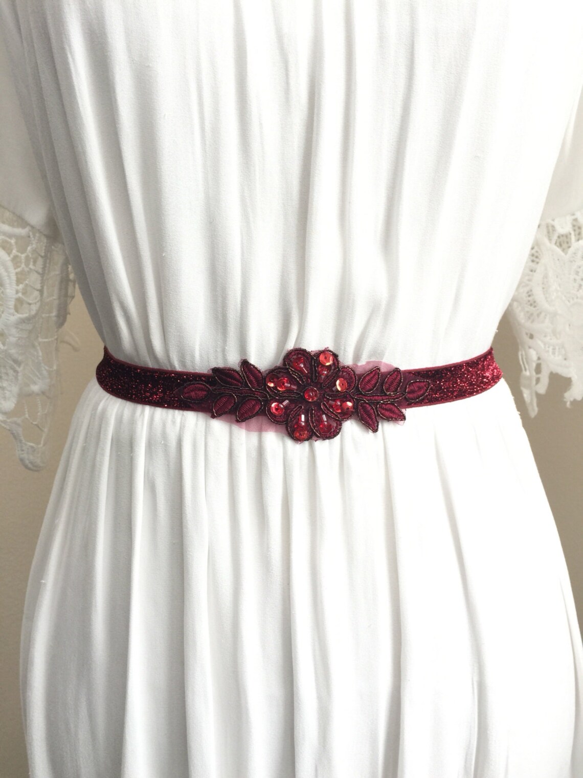 Ruby Red Sparkly Elastic Bridal Belt With Applique - Etsy