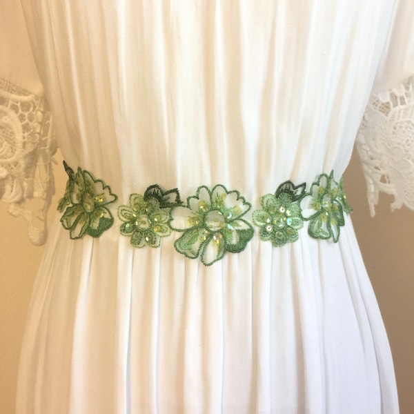 Beaded Green Floral Bridal Sash