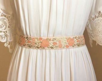 Blush & gold Rose embroidery belt or sash