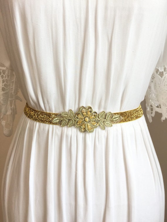 Gold Sparkly Elastic Bridal Belt with Applique