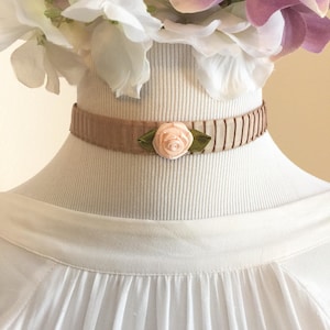 Lyla Choker: Romantic Taupe Ribbon Choker with Pink Rosette