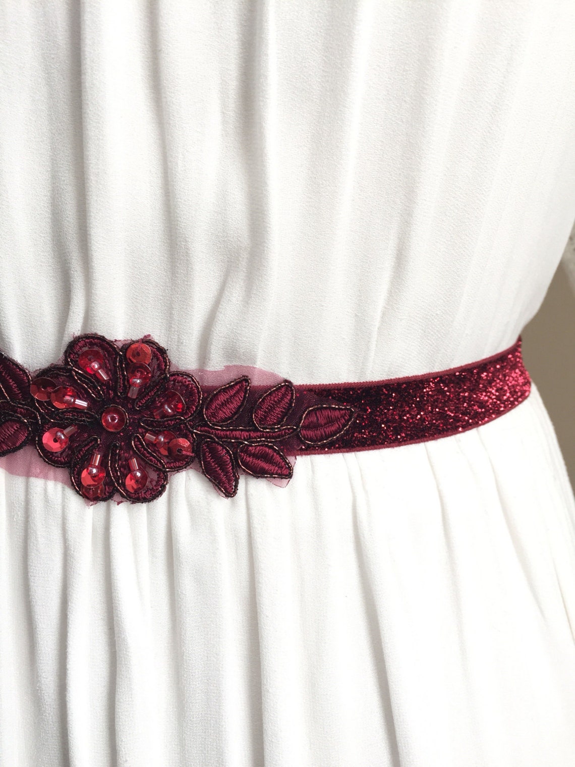 Ruby Red Sparkly Elastic Bridal Belt With Applique - Etsy