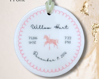 Pink Carousel Horse Custom Ornament, Personalized ornament, Baby Birth, Baby Girl, Birthday, Keepsake