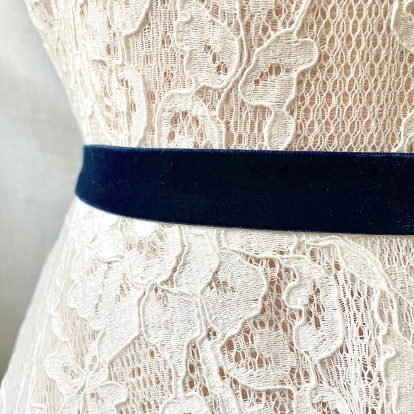 Wide Dark Navy Blue Velvet Elastic Bridal Belt with Clasp - Stretch 7/8"