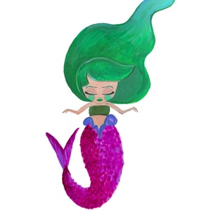 Puede incluir: Una ilustraci&oacute;n caprichosa de una sirena con el pelo largo verde y una cola rosa. La sirena tiene los ojos cerrados y una cara verde y azul.