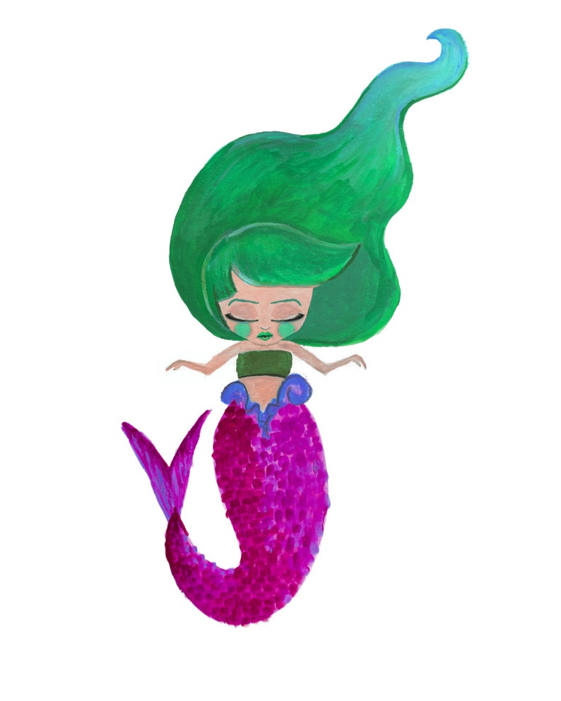 Puede incluir: Una ilustraci&oacute;n caprichosa de una sirena con el pelo largo verde y una cola rosa. La sirena tiene los ojos cerrados y una cara verde y azul.
