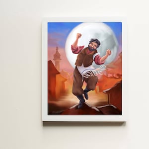 May include: A framed art print depicts a man in brown clothing, a vest, and a white shawl, leaping joyfully against a backdrop of a full moon and a cityscape. The artwork is set in a warm, sunset-like color palette.
