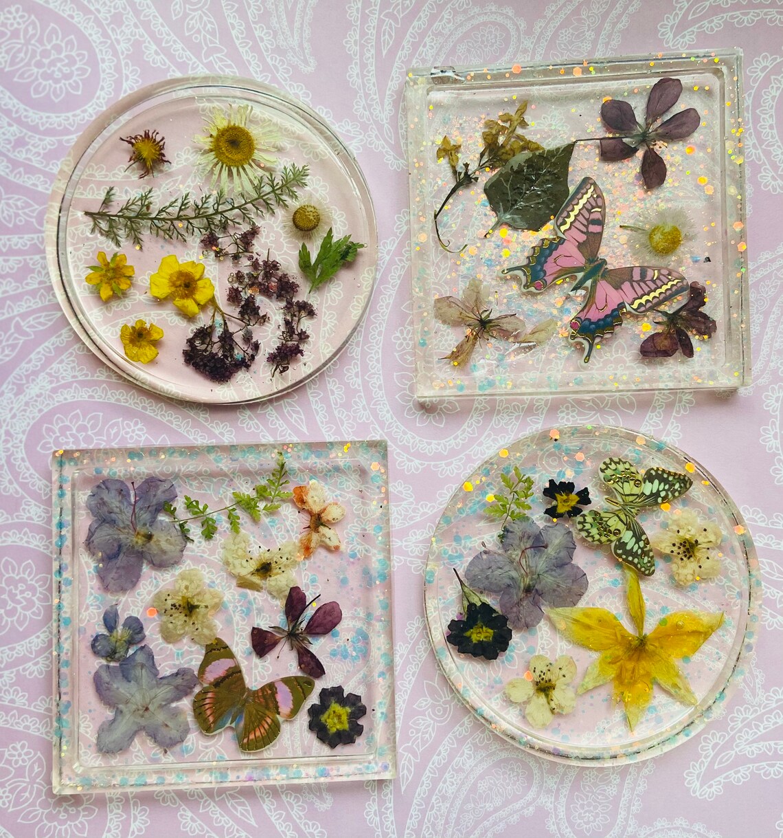 Set of 4 Dried Pressed Flower Coasters Butterflies Resin & Etsy