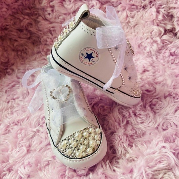 Converse baby infant Sz 4 crib shoes white leather bling rhinestones pearls