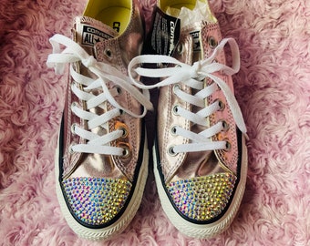 Womens Converse all star ctas ox rose gold quartz metallic  Iridescent Swarovski Bling shoes Sz 8