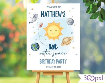 Editable Outer Space Welcome Sign Boy Astronaut Birthday Party Space Moon Planets First Trip Around the Sun Download Template Corjl