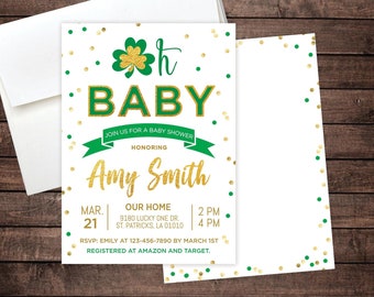 St Patrick's Day Baby Shower Clover Shamrock Oh Baby Gender Neutral Leprechaun Lucky Charm Editable Digital Corjl Template