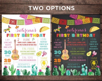 Fiesta Birthday Board Girl Fiesta 1st Birthday Milestone Sign Mexican Theme Birthday Stats Chalkboard Poster - EDITABLE Digital Template