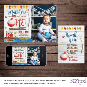 Editable Big One Birthday Invitation Boy Ofishal Reeling In First Birthday Ofishally Gone Fishing Party Digital Template Corjl 5x7 & 4x6