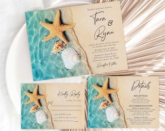 Romantic Beach Wedding Invitation Set Hawaii Shells Sandy Beach Star Fish Tropical Destination Blue Water Shimmery Teal Turquoise Waters