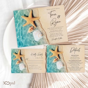 Beach Wedding Invitation Seashell Turquoise Water Starfish