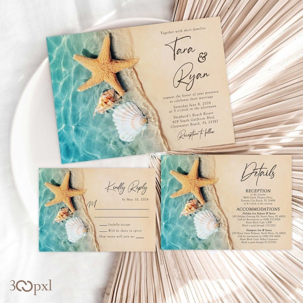 Romantic Beach Wedding Invitation Set Hawaii Shells Sandy Beach Star Fish Tropical Destination Blue Water Shimmery Teal Turquoise Waters