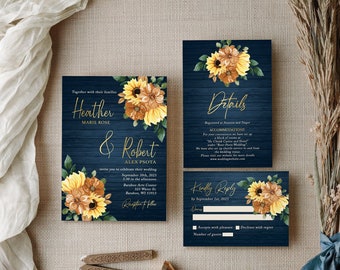 May include: A navy blue wedding invitation suite with gold lettering and sunflower floral accents. The invitation includes the couple's names, wedding date, time, and location. The details card includes information about accommodations and a RSVP card.