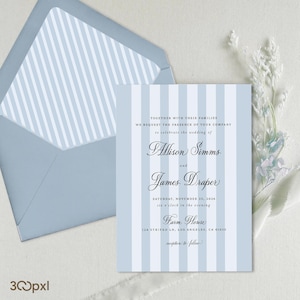 Dusry Blue Striped Invite with matching envelope liner