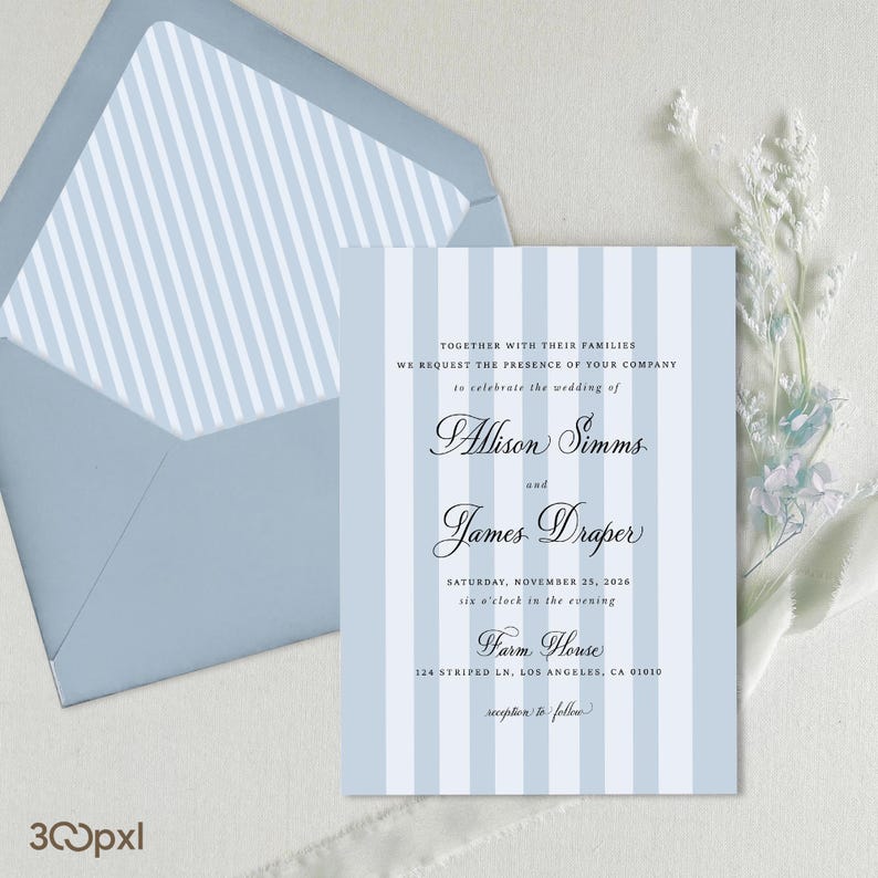 Dusry Blue Striped Invite with matching envelope liner