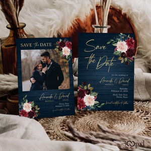 Rustic Burgundy Navy Blush Wedding Card, Save The Date Navy Gold Wedding Invite, Floral Romantic Destination Invite, Photo Personalized Card