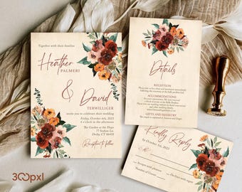 Terracotta Wedding Invitation Set, Elegant Floral Earth Tones, Boho Modern Wedding Invite Suite