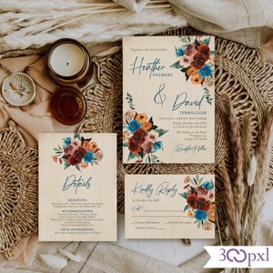 Boho Chic Fall Wedding Invites in Terracotta & Teal, Rustic Floral Theme Autumn Wedding Suite, Elegant Terracotta Wedding Set,Wedding Invite