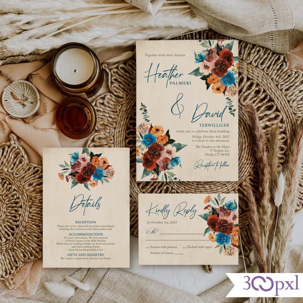 Dark Teal Terracotta Burnt Orange Fall Wedding Invitation Rust Florals Turquoise Rust Earth Tones Cinnemon Rose With RSVP