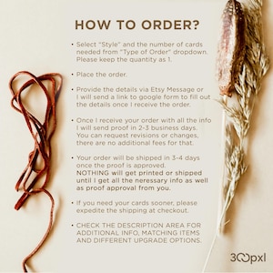 K&ouml;nnte beinhalten: Beigefarbener Hintergrund mit dem Text &bdquo;HOW TO ORDER?&ldquo; gefolgt von Aufz&auml;hlungspunkten, die den Bestellvorgang detailliert beschreiben. Das Bild enth&auml;lt dekorative Elemente aus getrockneten Pflanzen und Lederschnur.