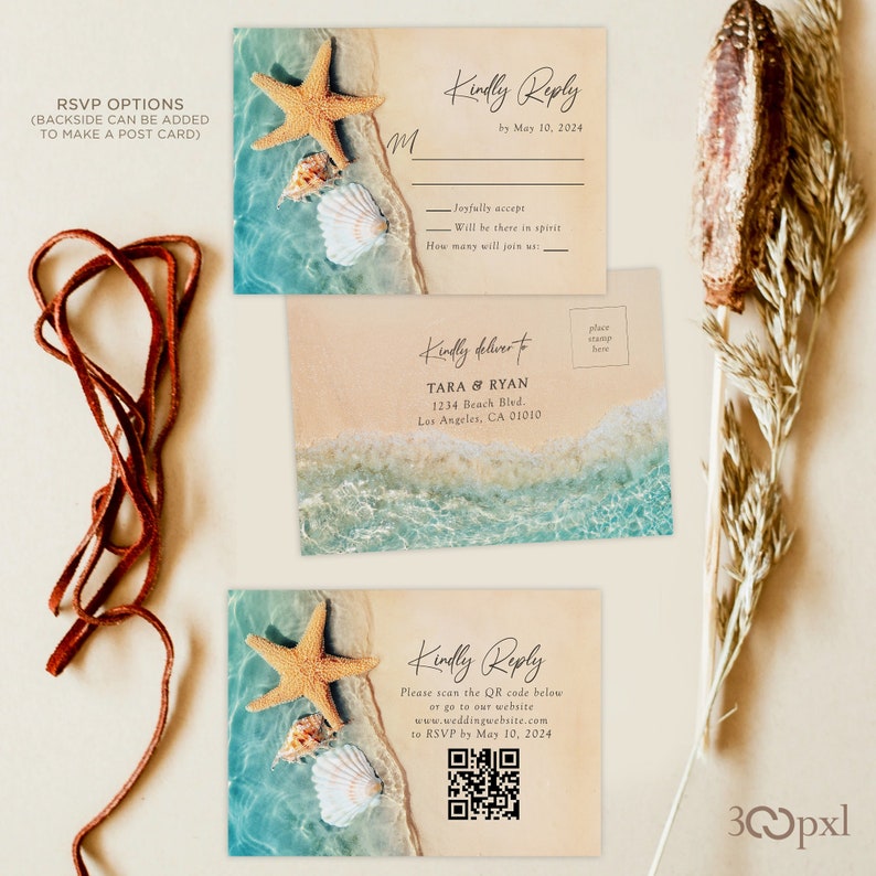 Romantic Beach Wedding Invitation Set Hawaii Shells Sandy Beach Star Fish Tropical Destination Blue Water Shimmery Teal Turquoise Waters image 4