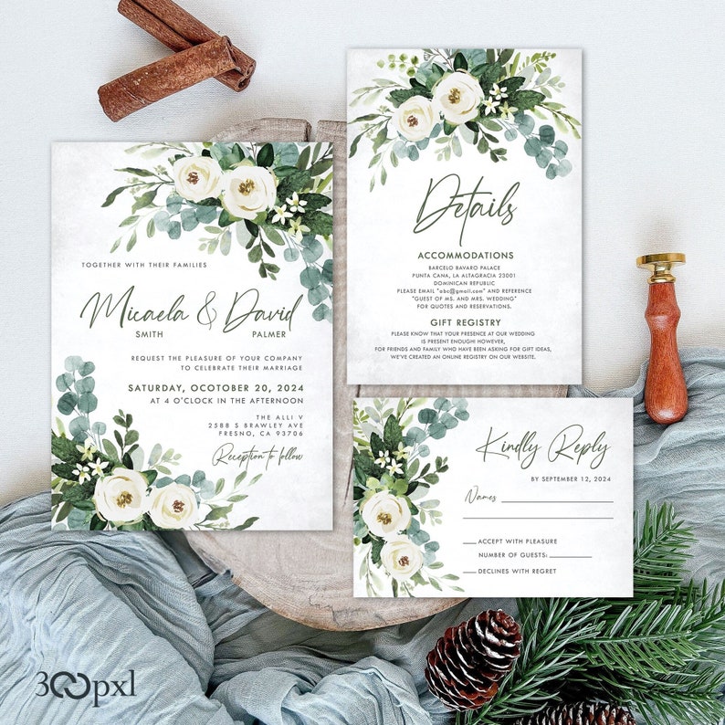 Eucalyptus Champagne Roses Greenery Wedding Invitation Set